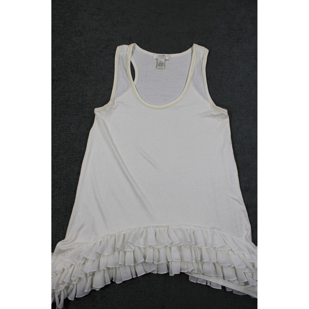 Kenar Womens Ivory Ruffle Hem Sleeveless Tank Top Medium Viscose Stretch Neck